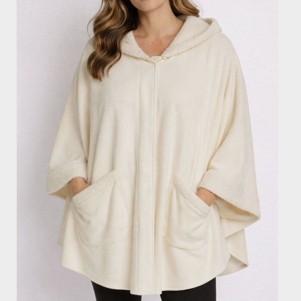 Le Moda Sherpa Trim Hooded Cape Coat One Size Cream Fleece Wrap Poncho